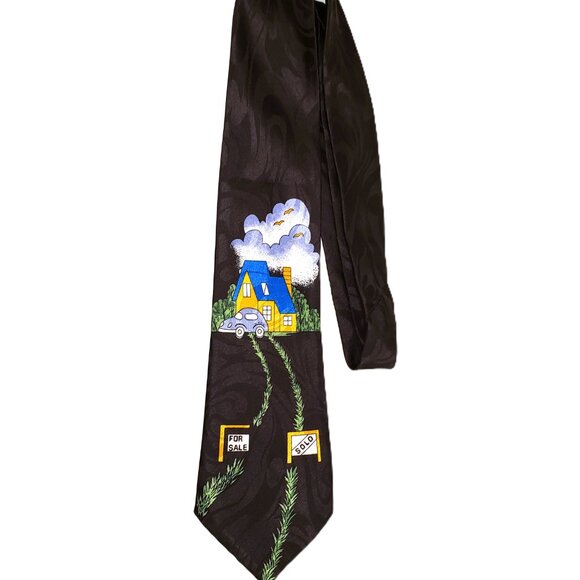 Vtg Realtor Tie Real Estate Lot x3 Black Blue Silk House For Sale Sold Realty - Picture 2 of 7